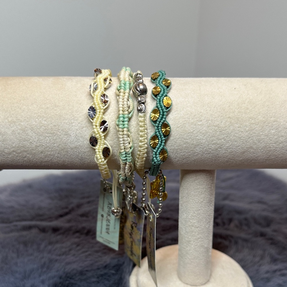 NWT - Elegant Woven Bracelet Set in Cream and Green with Swarovski components